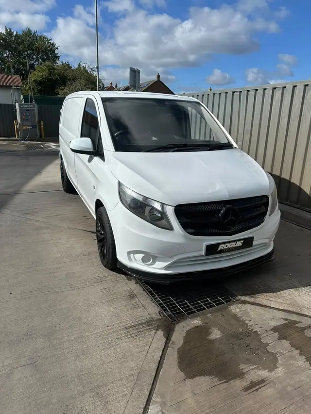 White Mercedes Vito panel van photographed from the front